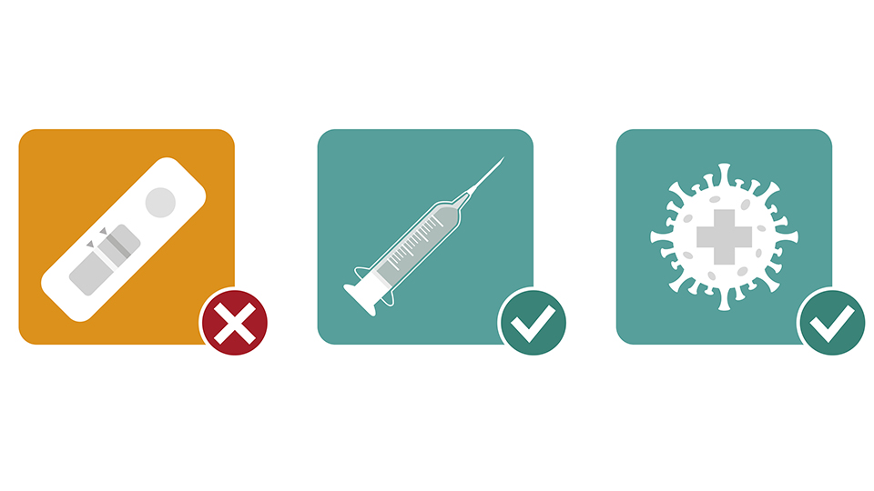 Ein Schnelltest mit einem X, die Darstellung einer Impfung mit einem grünen Haken, Virusdarstellung mit Kreuz für Genesen mit grünem Haken