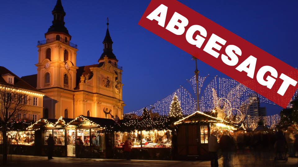 Bild von einem Christkindlmarkt und Schriftzug: Abgesagt davor