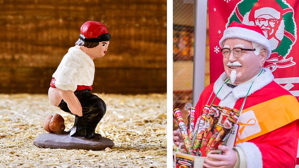 Zweigeteiltes Bild: Auf der linken Seite die Krippenfigur, der katalanische Scheißer, auf der rechten Seite ein als Santa Klaus verkleideter Mann im KFC-Style.