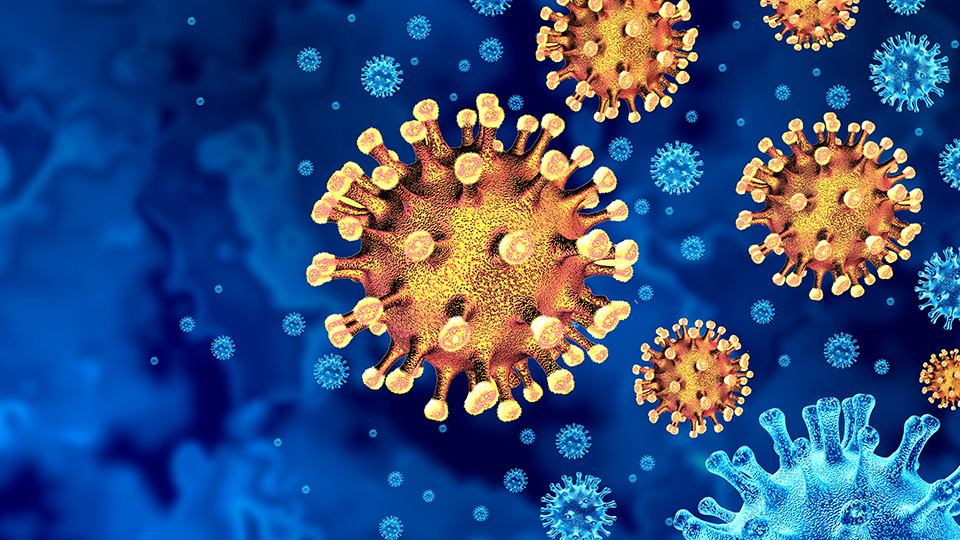 Dunkelblauer Hintergrund und davor türkis und gelb dargestellte Corona-Viren.