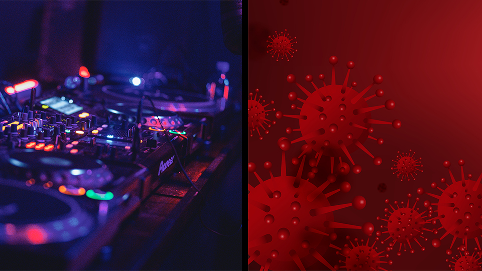 Auf der linken Seite ist ein Mischpult in einer Diskothek zu sehen, rechts Coronaviren in Rot.