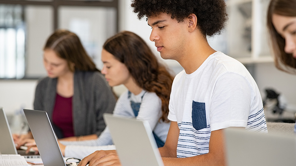 Schülerinnen und Schüler, wie sie nebeneinander vor ihren Laptops sitzen.