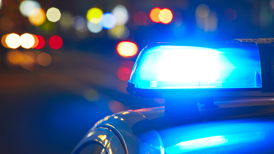 Streifenwagen der Polizei mit Blaulicht im Dunkeln von hinten