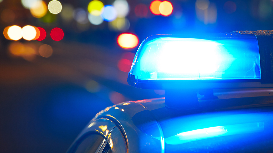 Streifenwagen der Polizei mit Blaulicht im Dunkeln von hinten