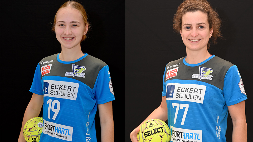 Abbildung von zwei Spielerinnen der Bunkerladies mit einem Ball in der Hand: links Johanna Brennauer und rechts Anna Fuhrmann.