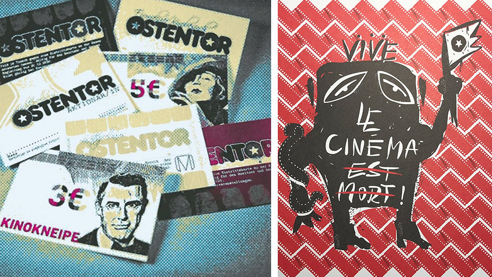Eintrittskarten vom Ostentor-Kino auf der linken Seit und das Logo mit der gezeichneten Figur mit der Aufschrift "LE CINEMA EST MORT!", wobei die letzten beiden Worte durchgestrichen sind, auf der rechten Seite.