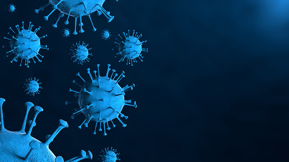 Coronaviren in türkis dargestellt vor einem dunkelblauen Hintergrund.