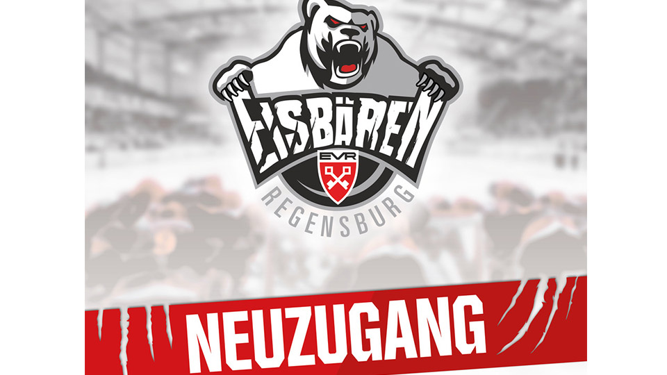 Eisbären Regensburg-Logo. Darunter steht in Weiß auf rotem Hintergrund: "Neuzugang".
