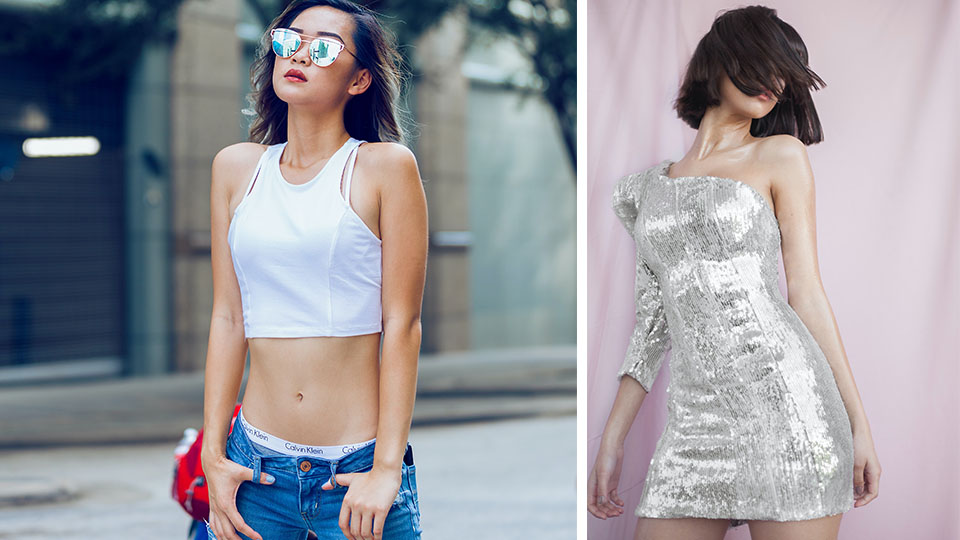 Links eine Frau mit Sonnenbrille und Hüfthose, auf der rechten Seite eine Frau mit einem silbernen Glitzerkleid.