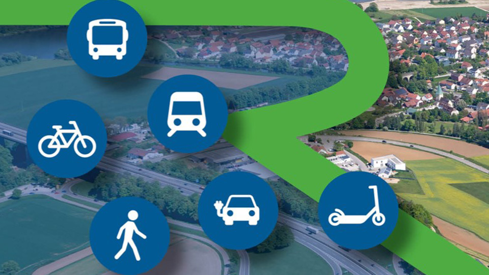 Karte mit verschiedenen Symbolen für ein Mobilitätskonzept für den Großraum Regensburg.