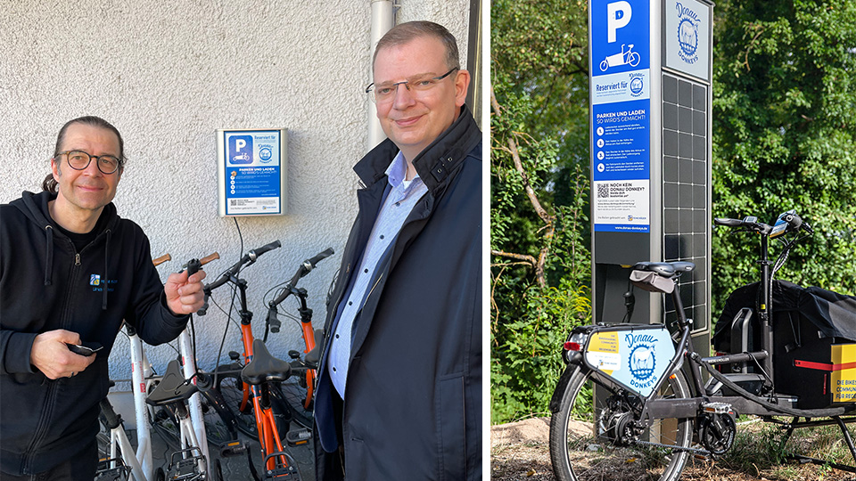 Geschäftsführer von "Feine Räder"  Ulrich Schmack (links) und MdB Ulrich Lechte (rechts). Daneben eine Solar Ladesäule und davor ein E-Bike.