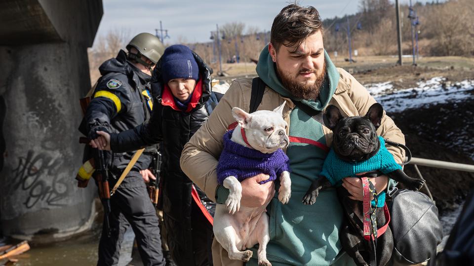 Ukrainischer Flüchtlign trägt zwei süße Hunde