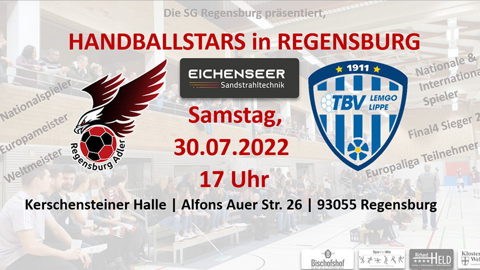 Ankündigung Spiel Regensburg Adler gegen Bundesligisten TBV Lemgo Lippe. Beide Logos sind abgebildet.