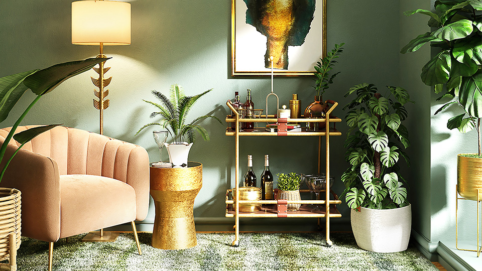 Frischer Wind ins Wohnzimmer: viele Goldtöne sowie Pflanzen und grüne Akzente an der Wand.