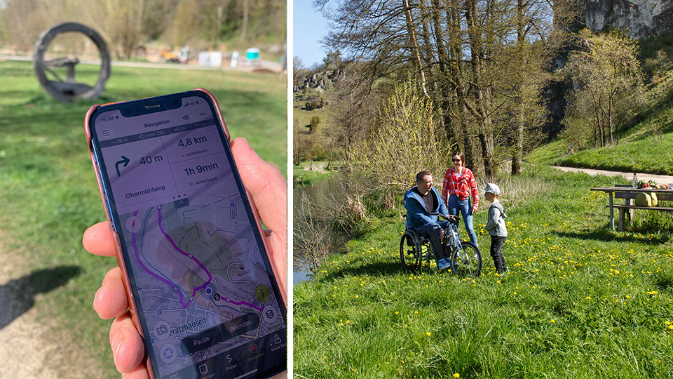 Wander-App wird auf einem Handy-Bildschirm angezeigt. Auf der rechten Seite eine Wanderung mit einem Mann mit Handicap.