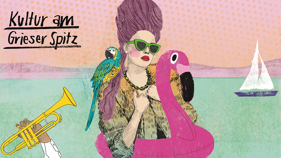 Open-Air am Grieser Spitz: Flyer mit einer Frau mit grüner Sonnenbrille auf einem pinken Flamingo-Schwimmreifen im Meer. Aufschrift "Kultur am grieser Spitz".