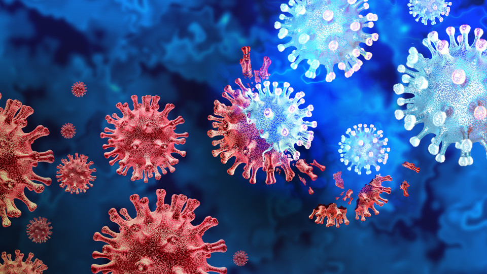 Corona-Strategie Herbst und Winter: Corona-Virus und grafisch dargestellte Mutationen in Blau und Rot.