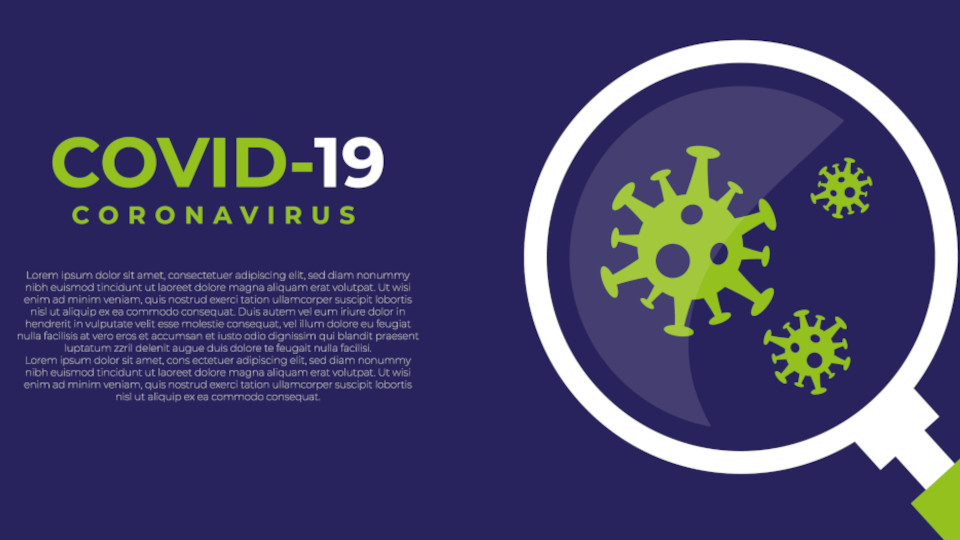 Coronavirus in Grün dargestellt und durch eine Lupe vergrößert.