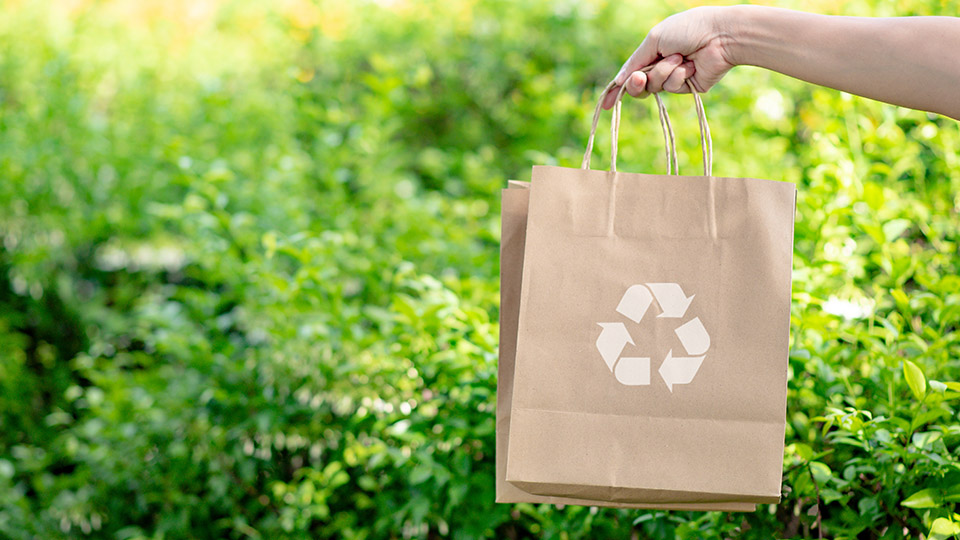 Papier als die bessere Alternative zu Plastik: Papiertüte mit Recyclingzeichen vor grünen Büschen.