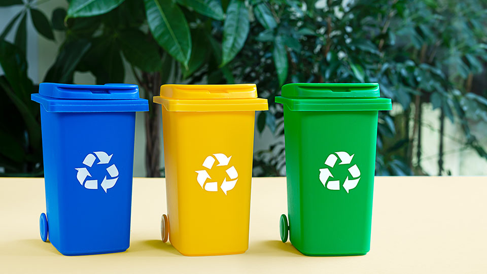 Mülltrennung: Blaue, Grüne und Gelbe Tonne stehen nebeneinander