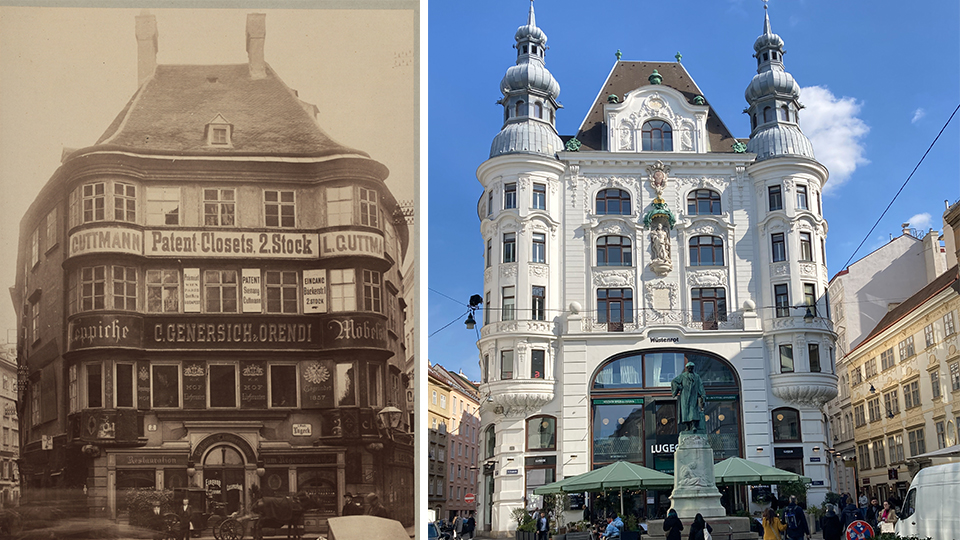 Links: Der alte Regensburger Hof in Wien am Lugeck im späten 19.Jh., rechts: Der Regensburger Hof heute