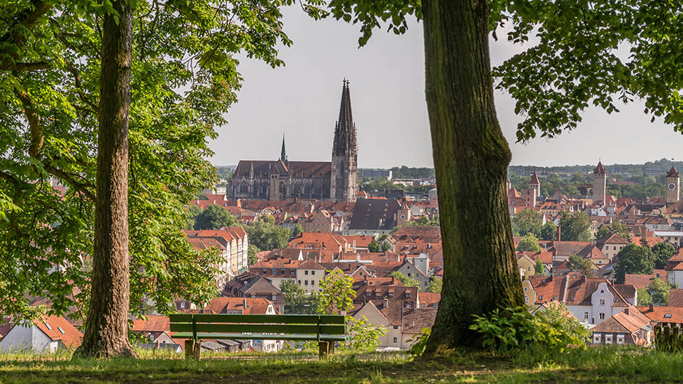 Sicht auf die Innenstadt Regensburg mit dem Dom St. Peter im Fokus