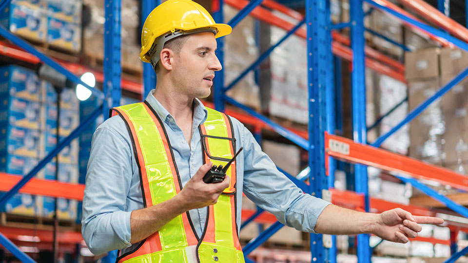 Logistik-Fachkraft übernimmt Organisation und zeigt auf Ware