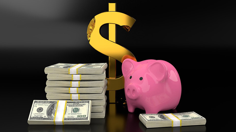 Gemeinschaftkonto: Pinkes Sparschwein, dahinter das Dollarzeichen und ein Stapel aus Geldscheinen