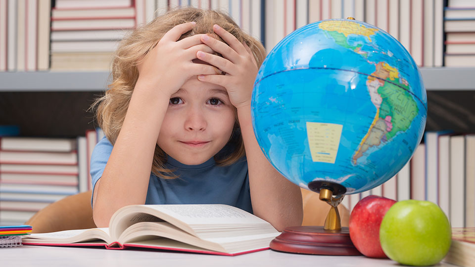 PISA-Debakel: Junger Schüler, der vor Büchern sitzt und sich verzweifelt die Hände vor den Kopf schlägt