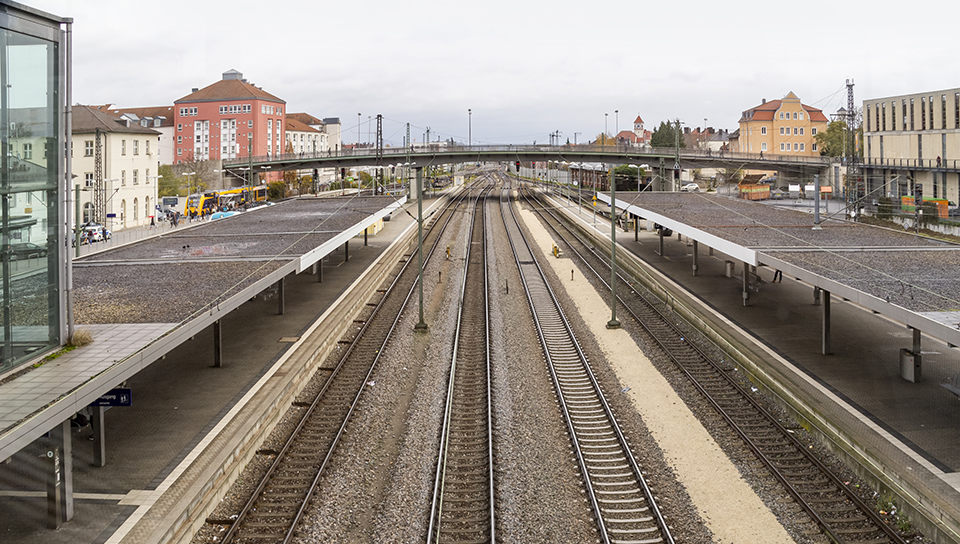 high angle view showing a part of the railway station in Regensburg a town in Bavaria in Germany