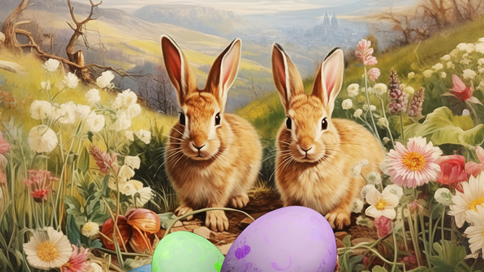 Oster-Kalender von Regensburger Nachrichten: Motiv von zwei Hasen mit bunten Eiern, Regensburg im Hintergrund