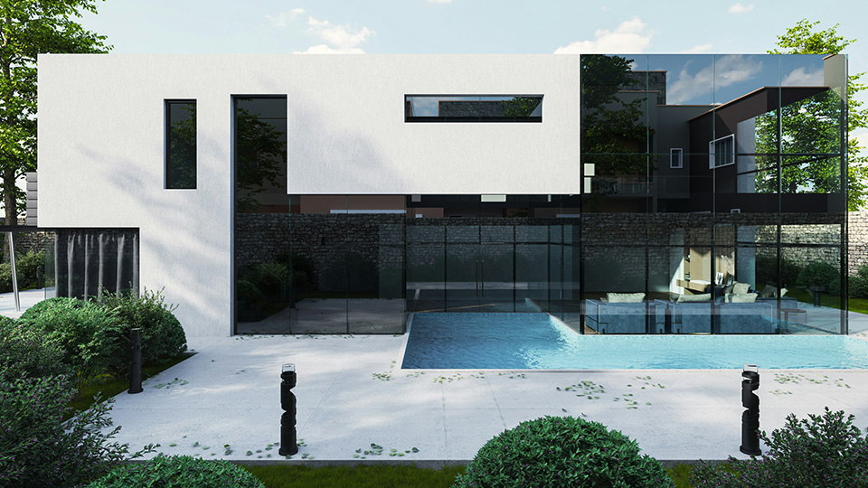 Modernes Wohnhaus mit großen Fenstern