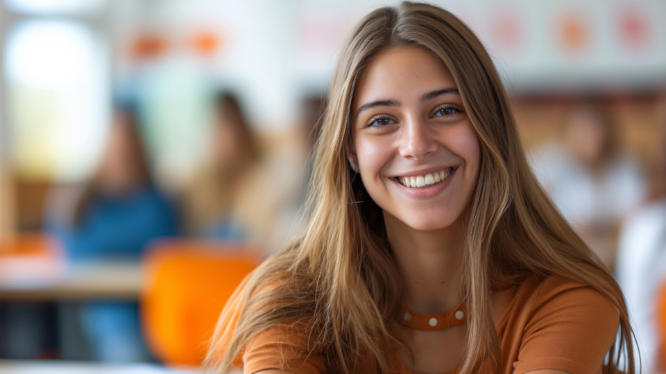 Ein Mädchen im Unterricht, lächelnd