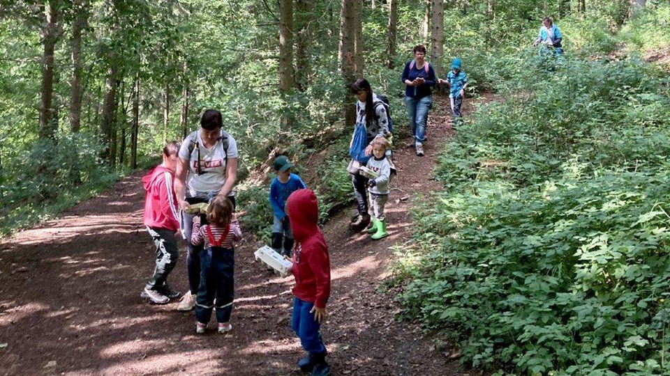 Kinder toben draußen im Wald mit einer Betreuerin