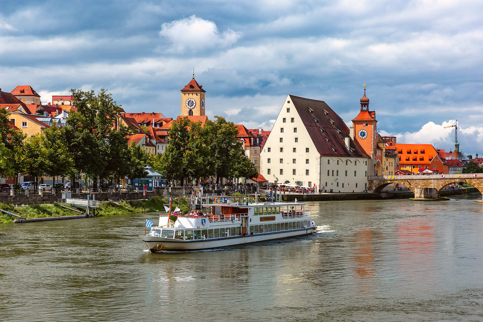 Regensburg bridge tower, Stone bridge and old urban salt barn Salzstadel, view from the east, eastern Bavaria, Regensburg, Germany