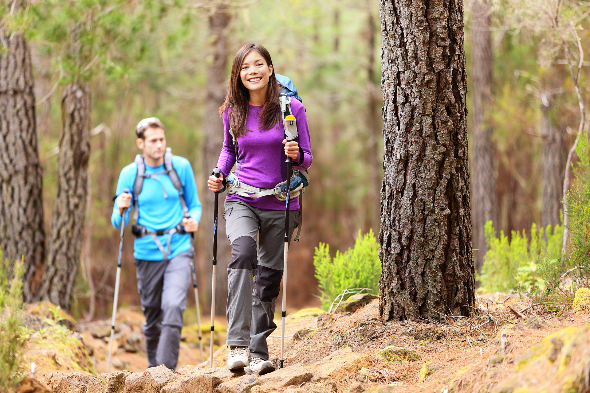 Hikers in forest. Couple hiking in fall forest. Asian woman hiker in front smiling happy. Photo from Aguamansa, Orotava, Tenerife, Canary Islands, Spain.