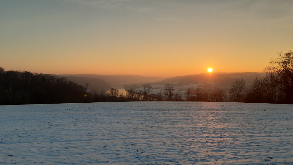 Schnee liegt auf einer Wiese