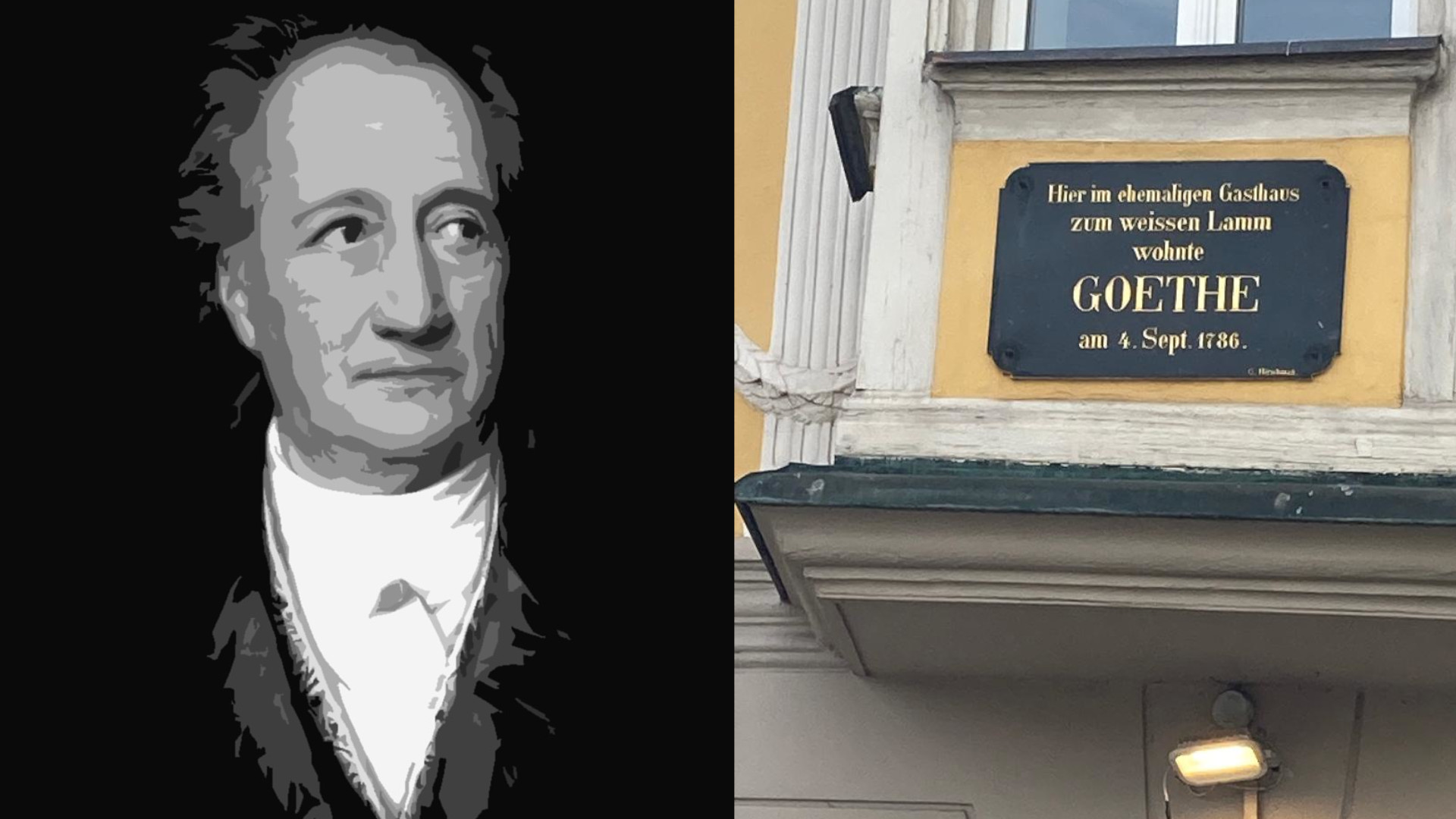 Links ein Portrait von Goethe und rechts ein Schild, das an Goethes Besuch in Regensburg erinnert. 