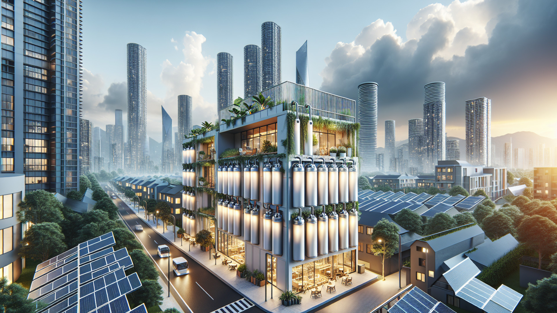 Visuelle Darstellung der Zukunft mit Häusern mit PV-Anlagen auf Balkonen.