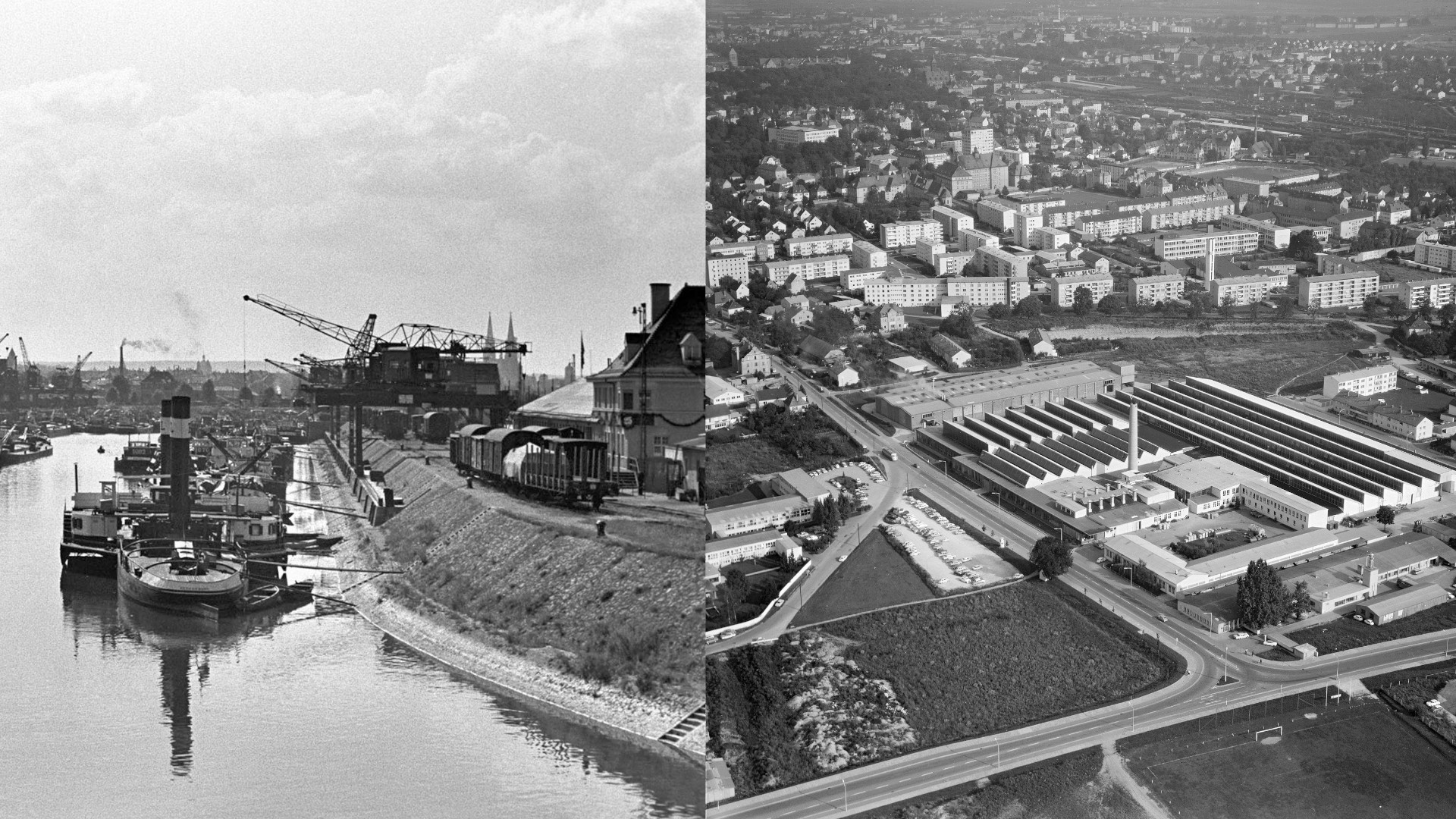 Links: Regensburger Hafen, Rechts: Teppichwerk 1970