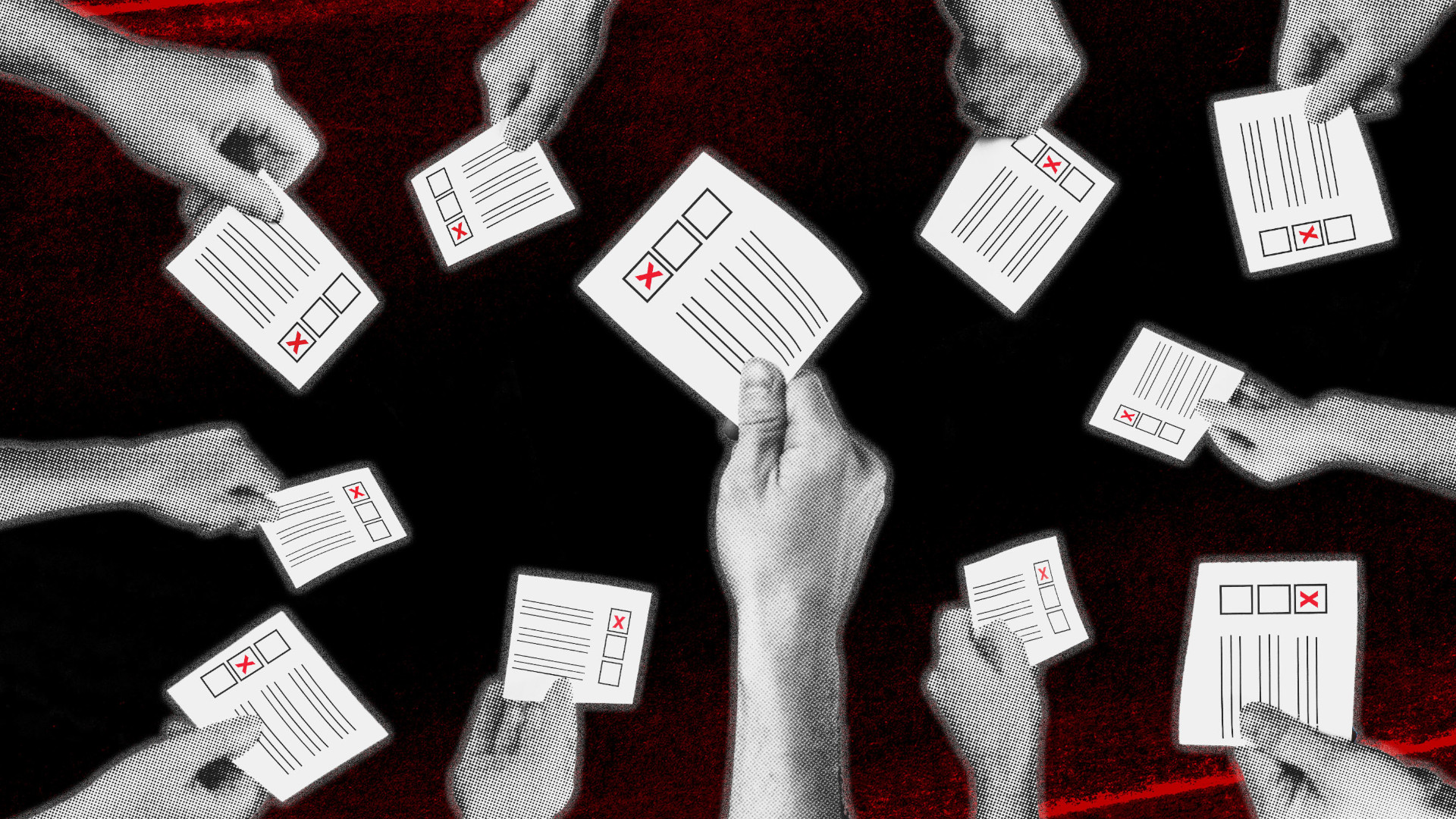 Fotomontage: Hände reichen Zettel ein