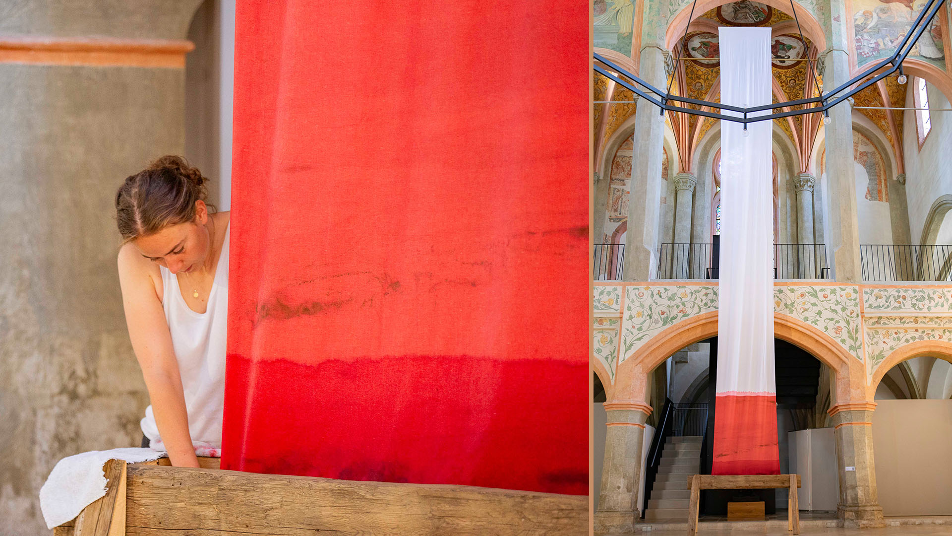 Künstlerin Paula Dischinger richtet ihre Installation Aufnehmen (2026) in der Museumskirche St. Ulrich ein (li). Die fertige Ausstellung (re).
