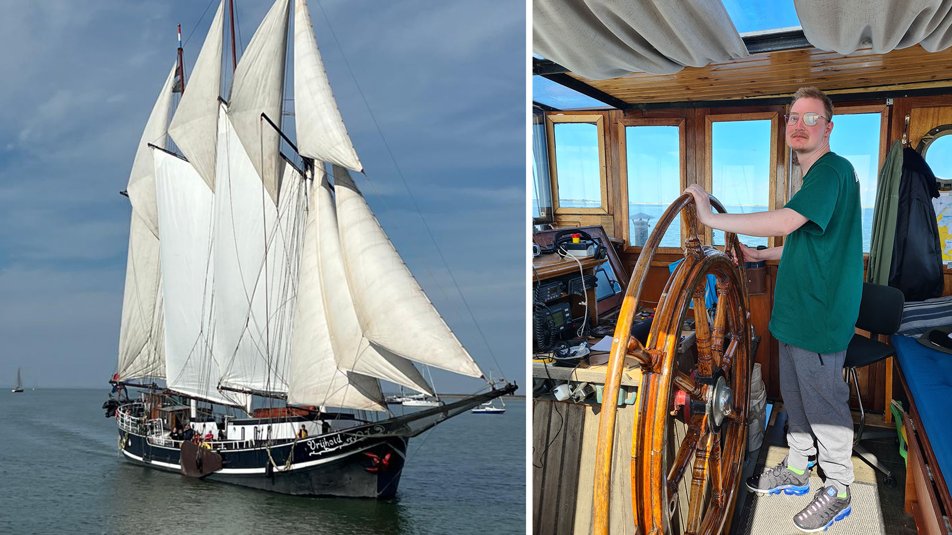Segelschiff links und rechts junger Mann am Steuer