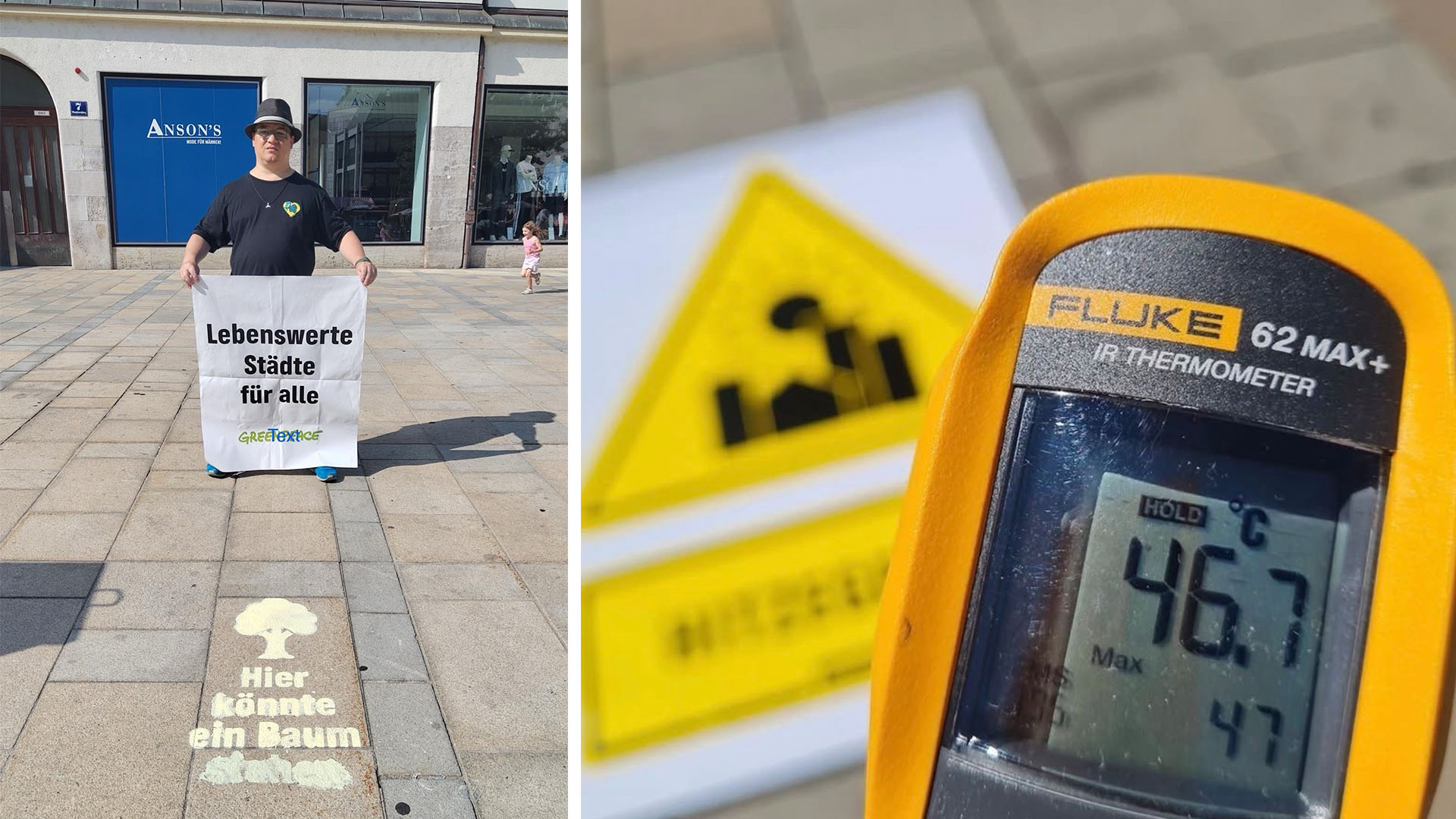 Aktion "Cool our Cities" von Greenpeace in Regensburg: Mann hält Schild hoch, auf dem Boden steht "Hier könnte ein Baum stehen", das Termometer zeigt 46,7 Grad.