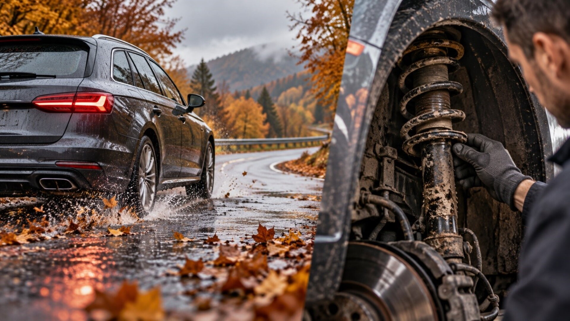 Stoßdämpfer und Auto im Herbst
